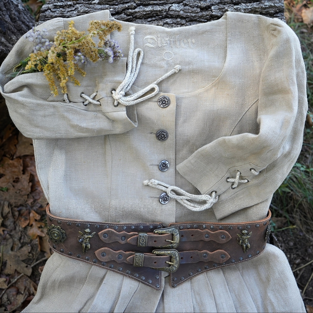 Vintage Beige Maxi Linen Dress with Leather Belt, Cottagecore, Dirndl Dress